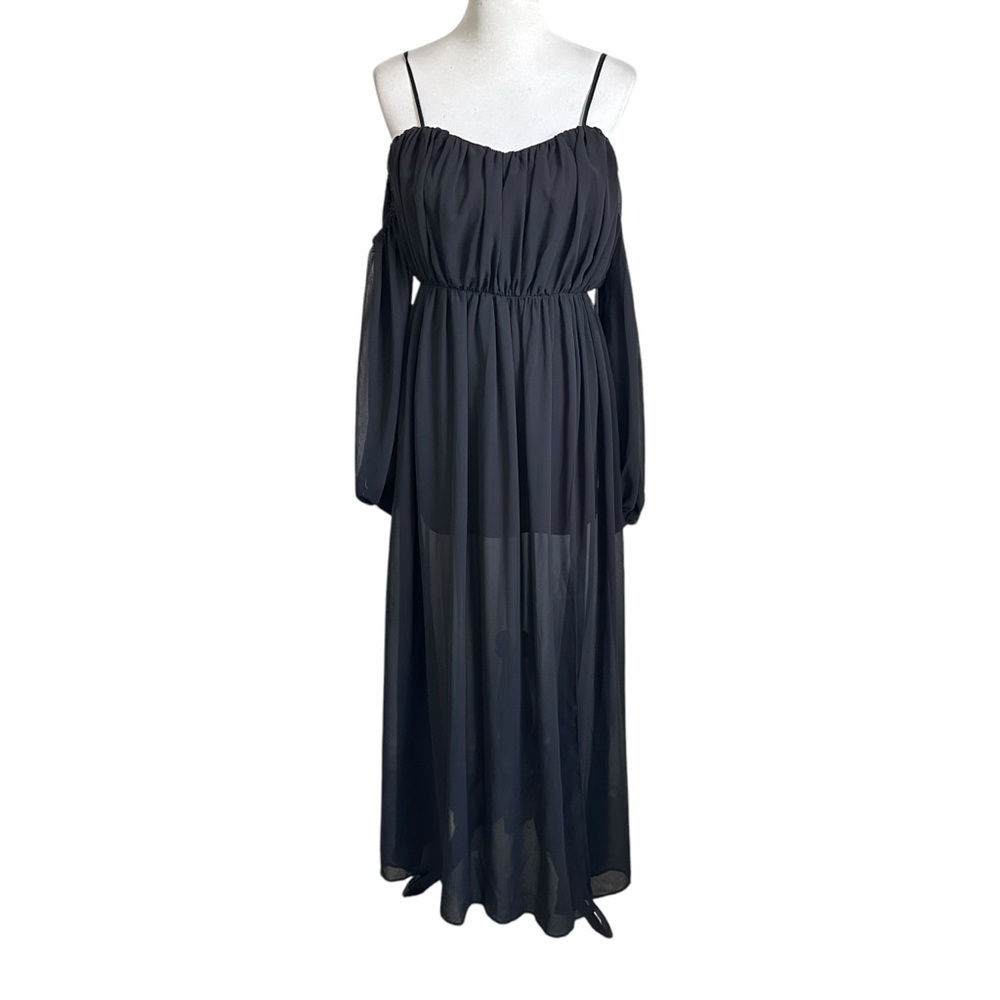 Dress Forum Womens Maxi Sheer Overlay Dress Long Detachable Sleeves Small Black
